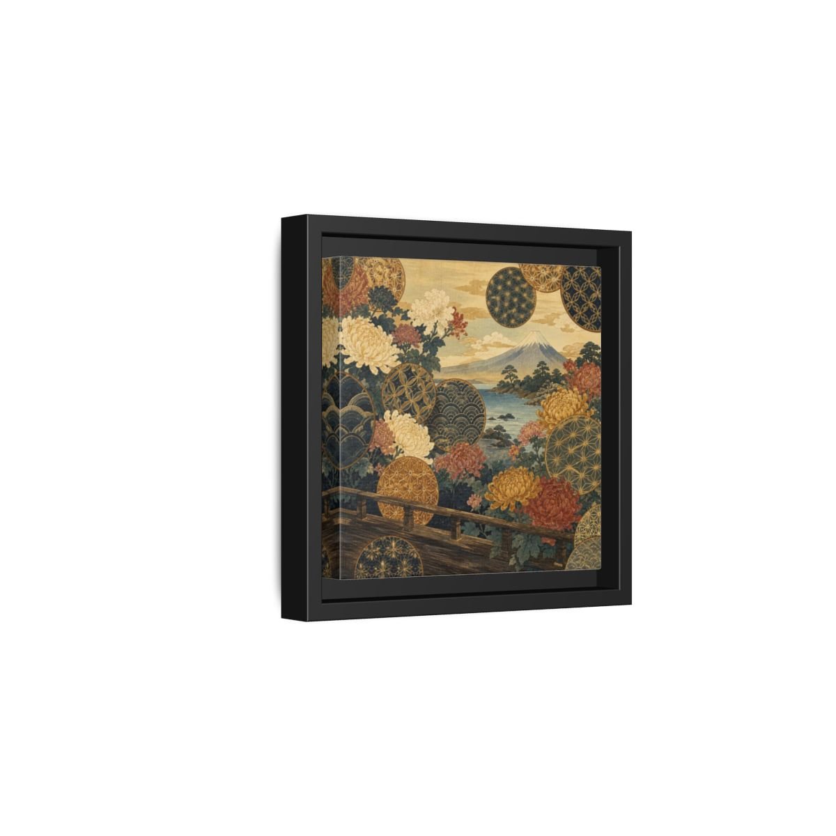 Japanese Chrysanthemum & Mount Fuji Framed Canvas Print – Living Room, Above Sofa - YesArtYes