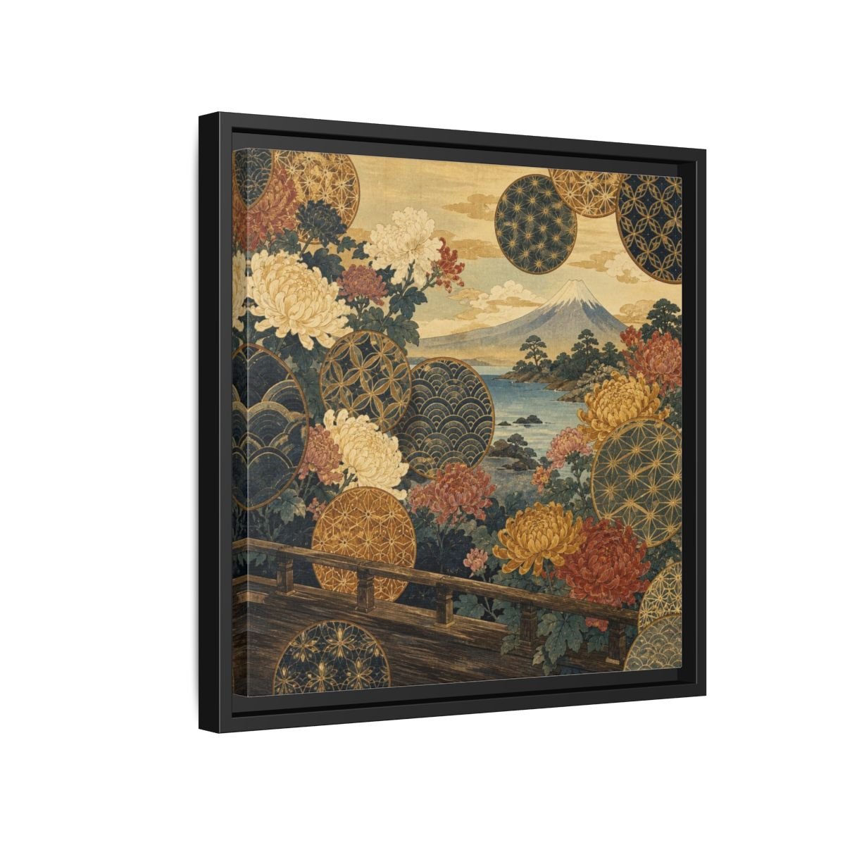 Japanese Chrysanthemum & Mount Fuji Framed Canvas Print – Living Room, Above Sofa - YesArtYes