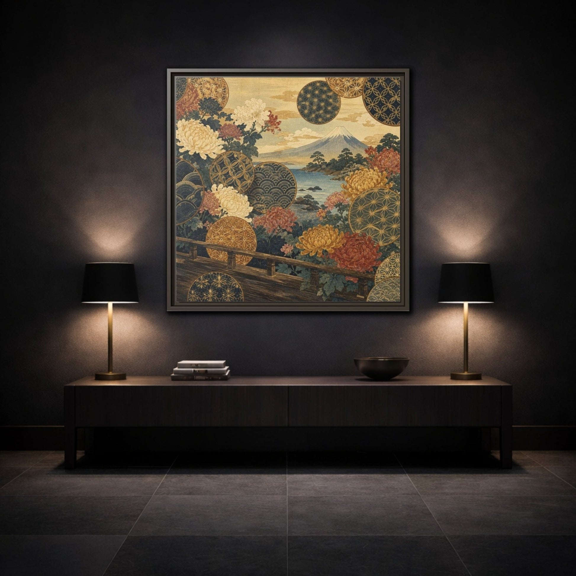 Japanese Chrysanthemum & Mount Fuji Framed Canvas Print – Living Room, Above Sofa - YesArtYes
