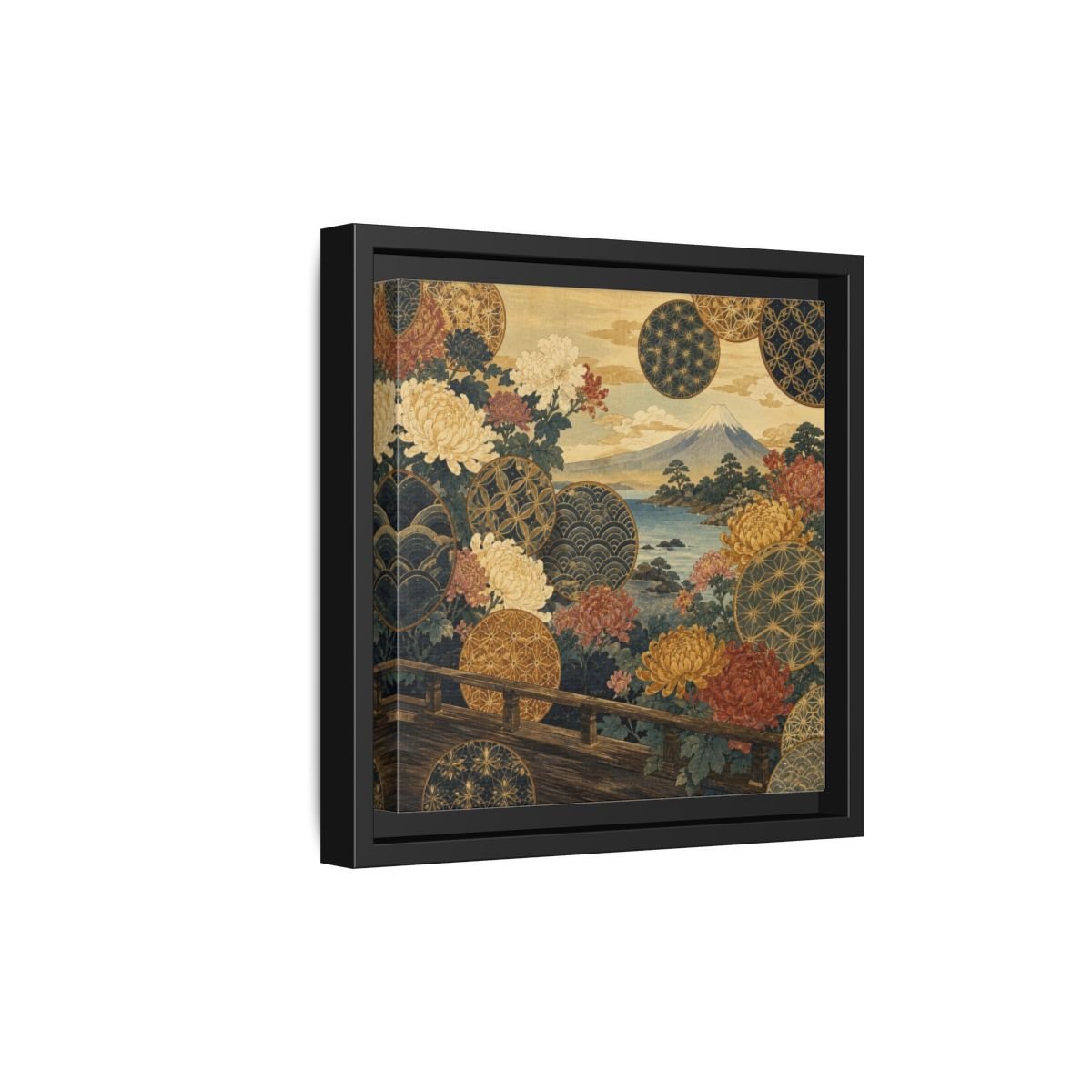 Japanese Chrysanthemum & Mount Fuji Framed Canvas Print – Living Room, Above Sofa - YesArtYes