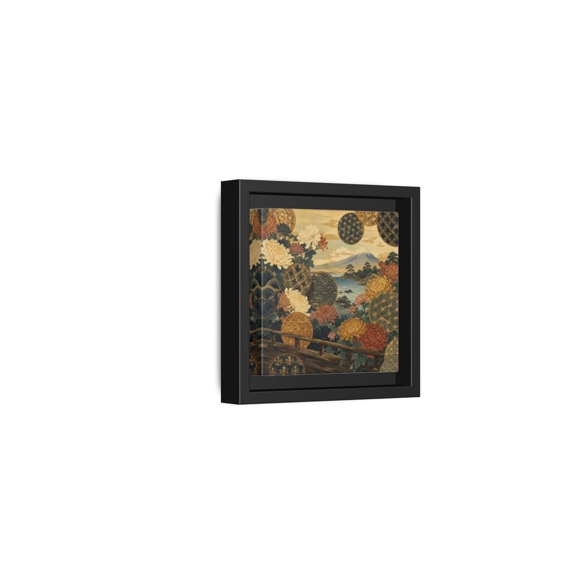 Japanese Chrysanthemum & Mount Fuji Framed Canvas Print – Living Room, Above Sofa - YesArtYes