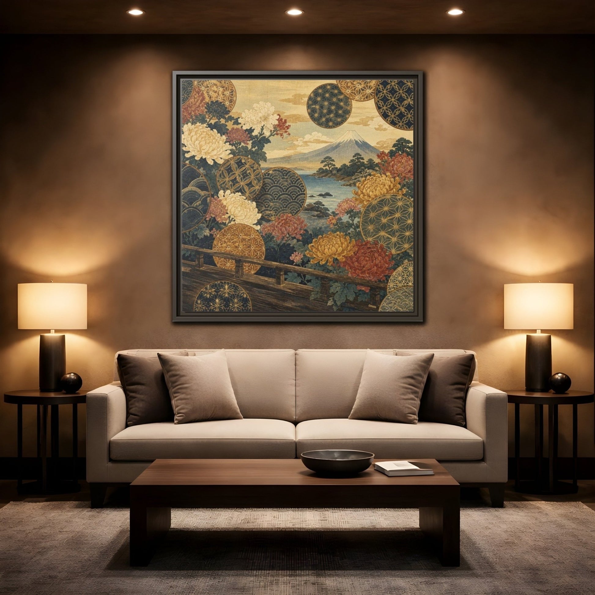 Japanese Chrysanthemum & Mount Fuji Framed Canvas Print – Living Room, Above Sofa - YesArtYes