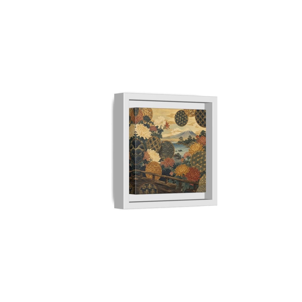 Japanese Chrysanthemum & Mount Fuji Framed Canvas Print – Living Room, Above Sofa - YesArtYes