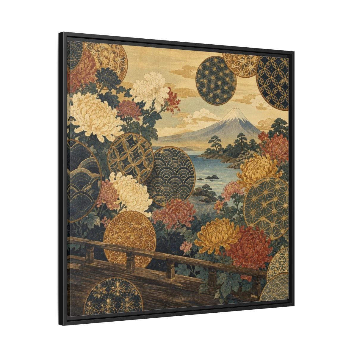 Japanese Chrysanthemum & Mount Fuji Framed Canvas Print – Living Room, Above Sofa - YesArtYes