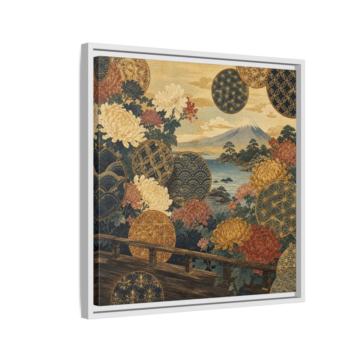Japanese Chrysanthemum & Mount Fuji Framed Canvas Print – Living Room, Above Sofa - YesArtYes
