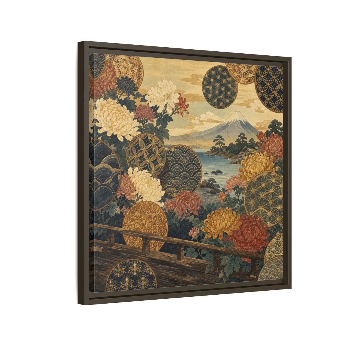 Japanese Chrysanthemum & Mount Fuji Framed Canvas Print – Living Room, Above Sofa - YesArtYes