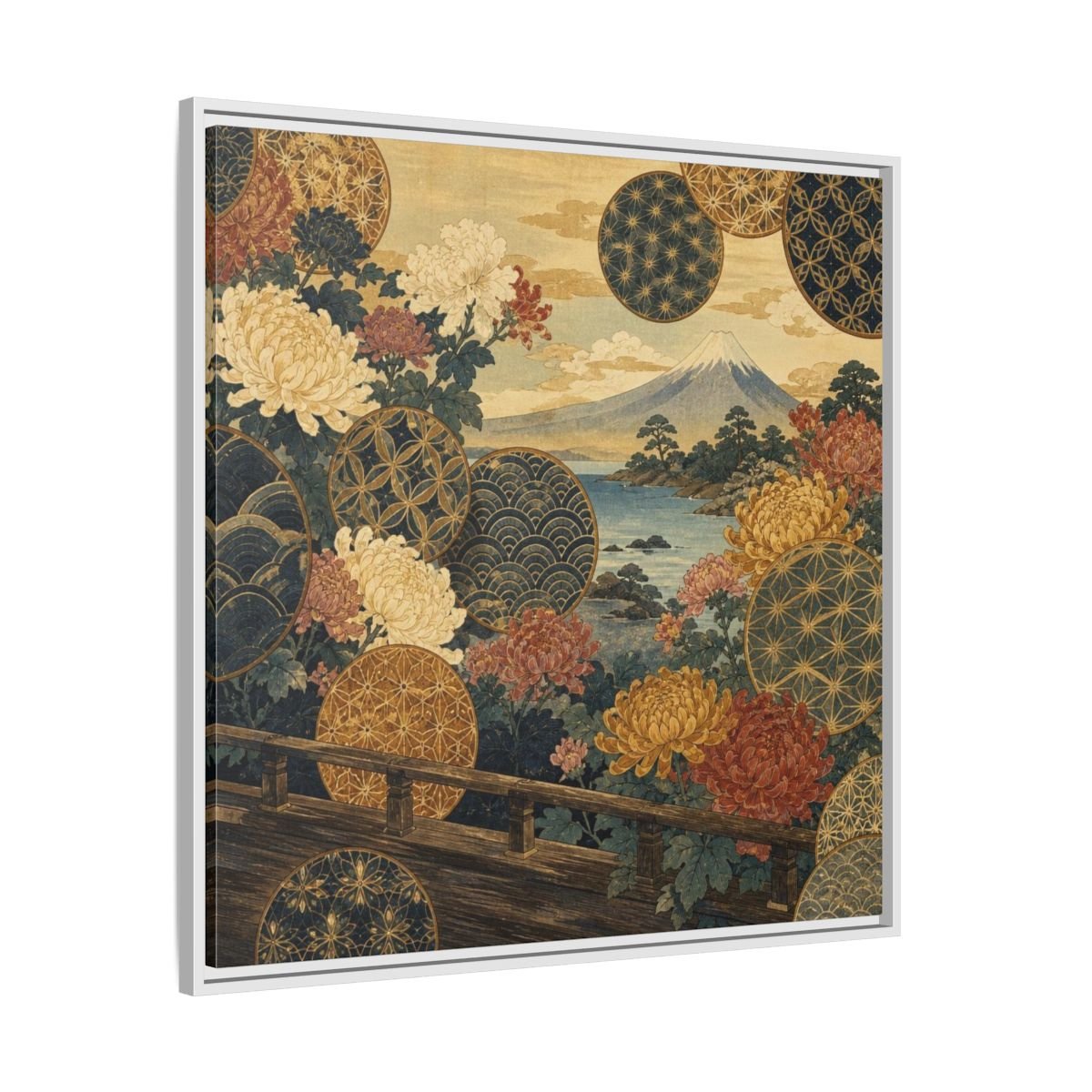 Japanese Chrysanthemum & Mount Fuji Framed Canvas Print – Living Room, Above Sofa - YesArtYes