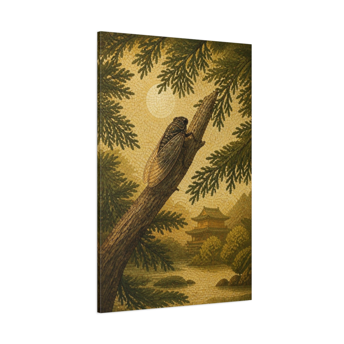 Side Mockup 1. Japanese Cicada On Cedar shown as canvas print