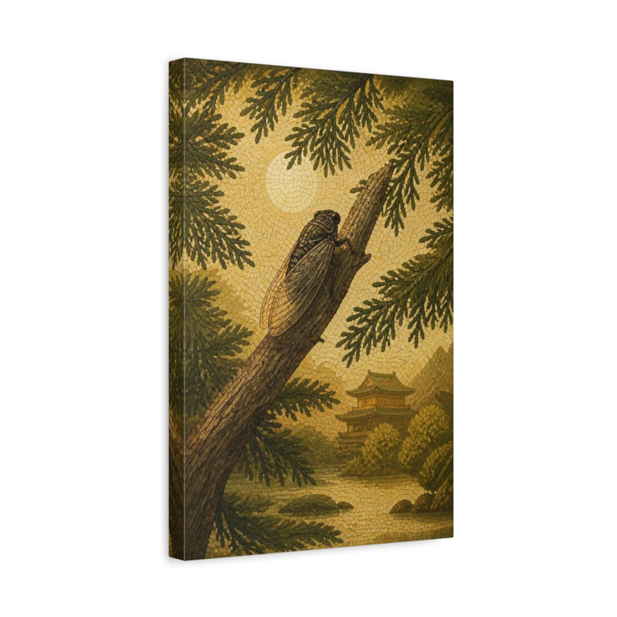 Side Mockup 4. Japanese Cicada On Cedar shown as canvas print