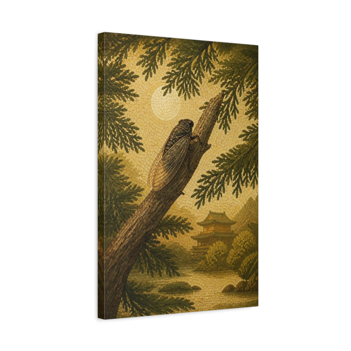 Side Mockup 3. Japanese Cicada On Cedar shown as canvas print