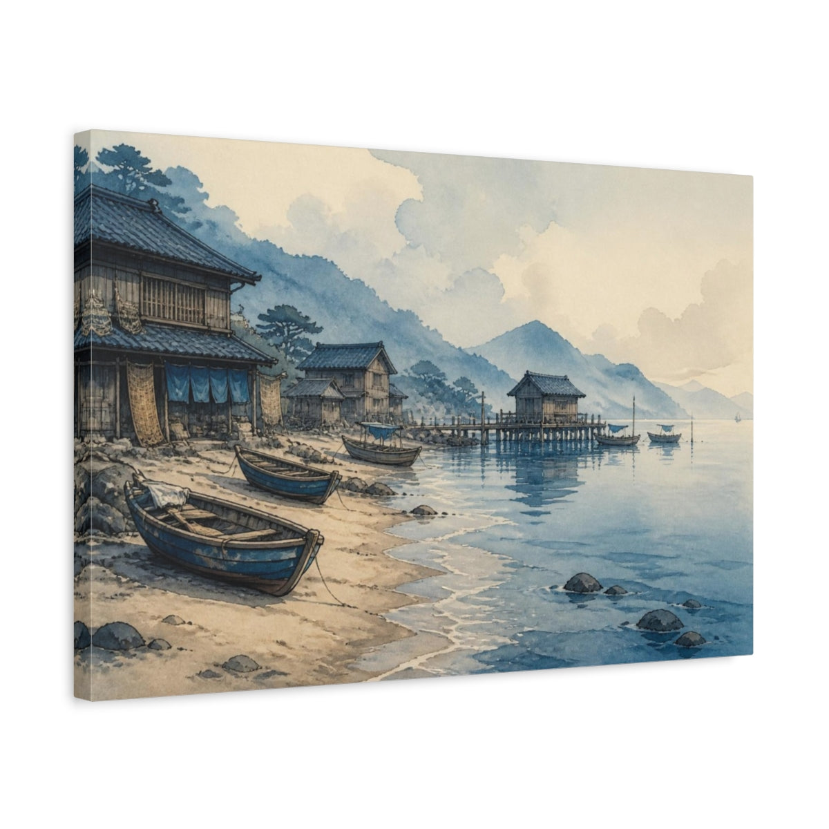 Side Mockup 3. Japanese Coastal Fishing Huts shown as canvas print