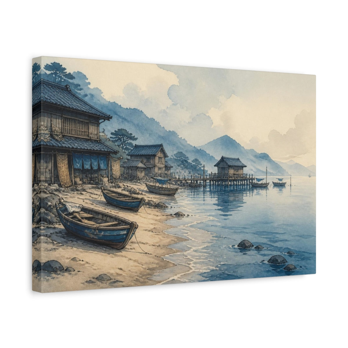 Side Mockup 4. Japanese Coastal Fishing Huts shown as canvas print