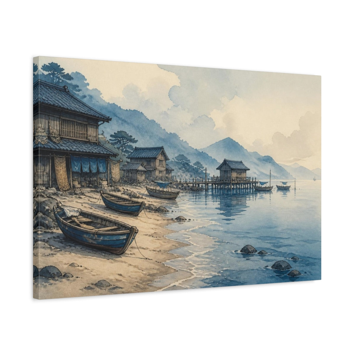 Side Mockup 2. Japanese Coastal Fishing Huts shown as canvas print