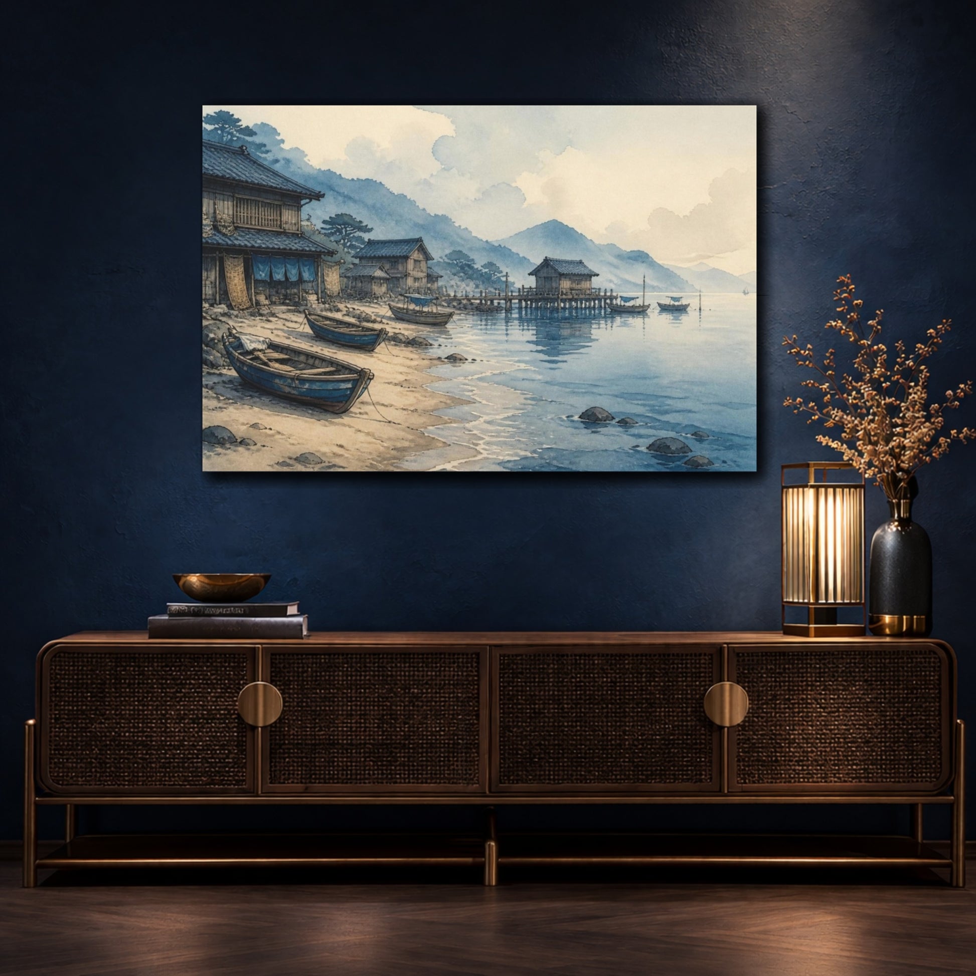 Mockup 4. Japanese Coastal Fishing Huts shown as canvas print