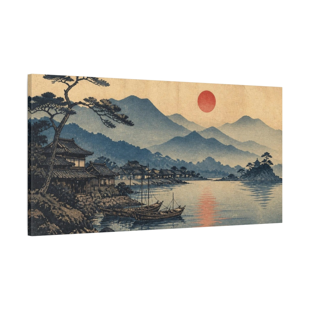 Main Mockup. Japanese Coastal Village Sunset shown as canvas print