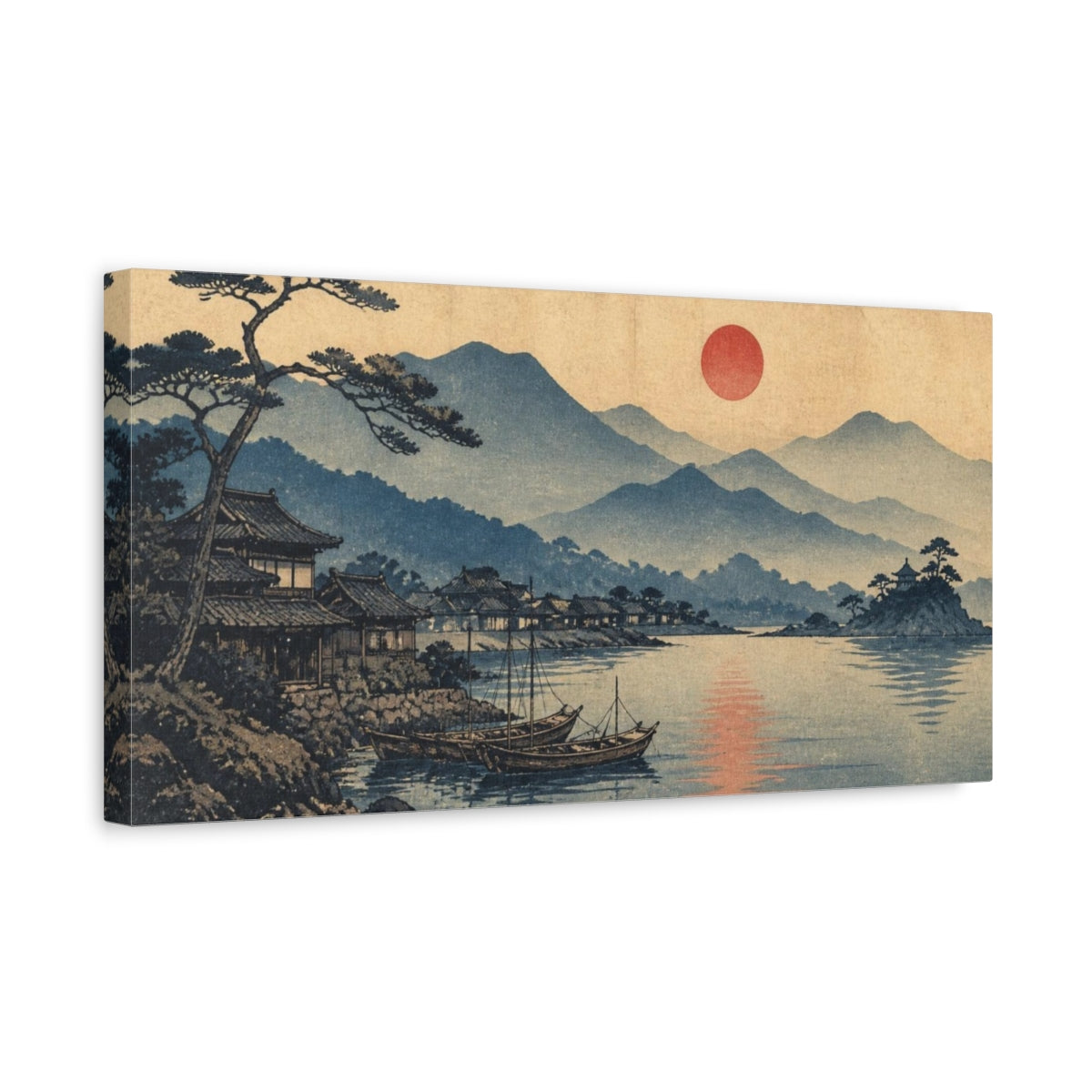Side Mockup 3. Japanese Coastal Village Sunset shown as canvas print