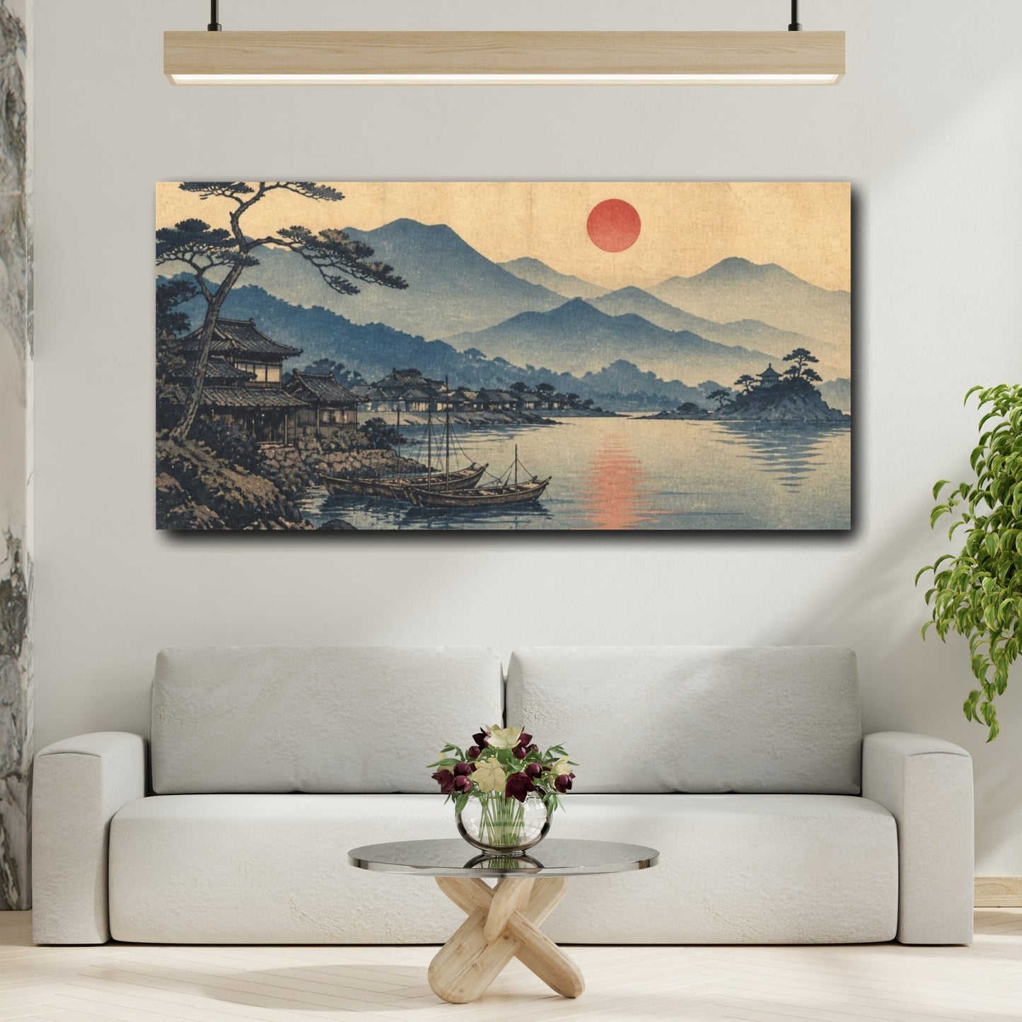 Mockup 2. Japanese Coastal Village Sunset shown as canvas print