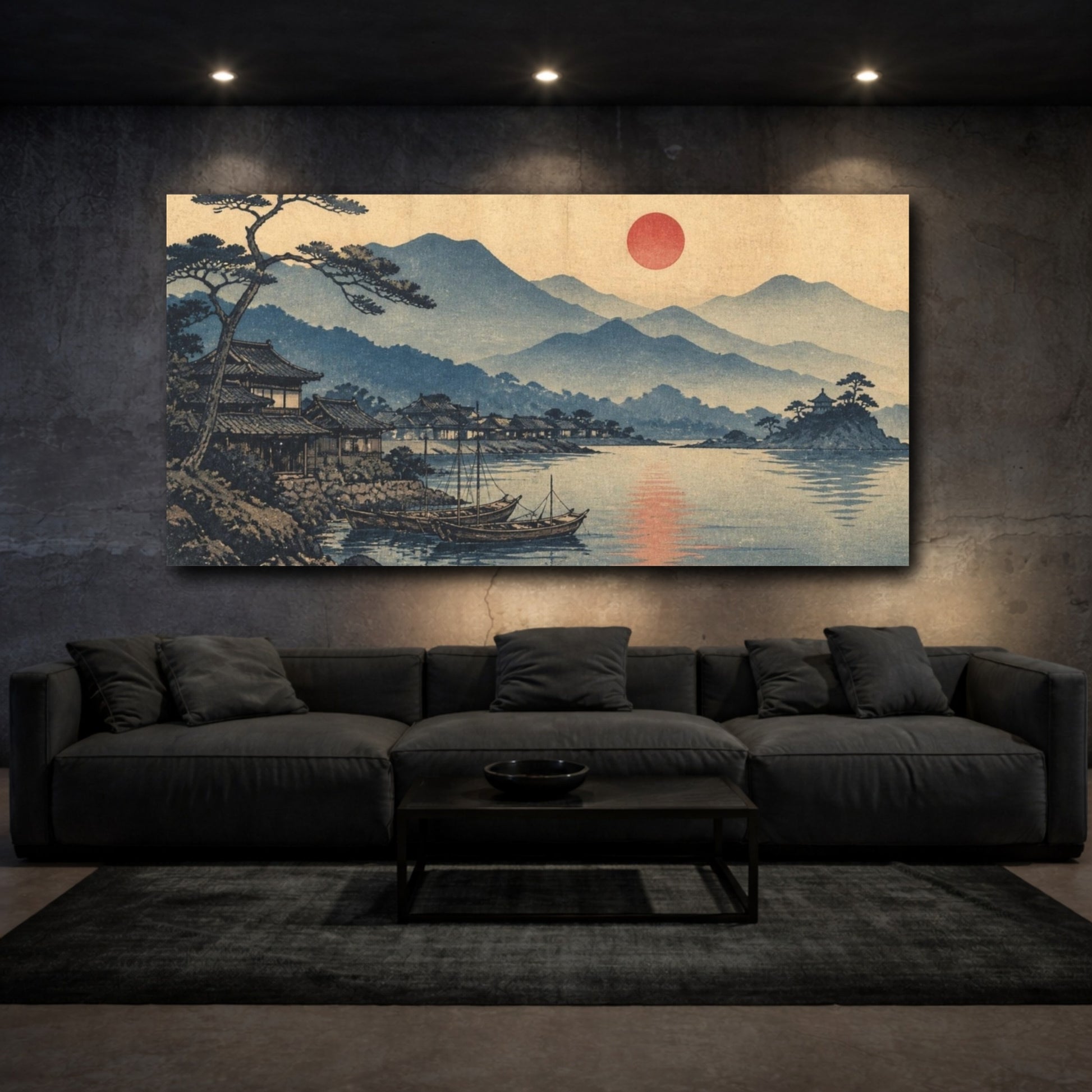 Mockup 3. Japanese Coastal Village Sunset shown as canvas print