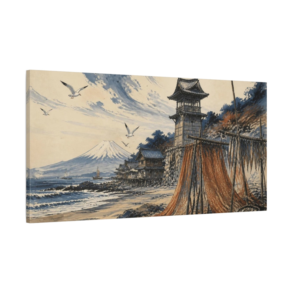 Main Mockup. Japanese Coastal Village With Nets shown as canvas print