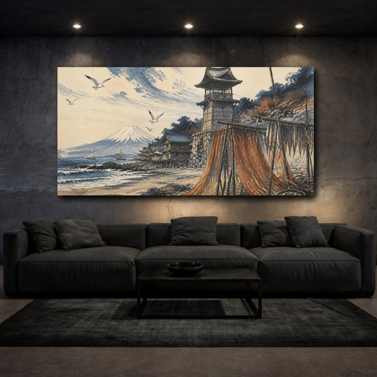 Mockup 3. Japanese Coastal Village With Nets shown as canvas print