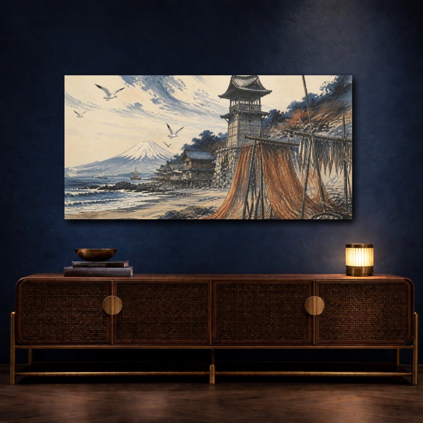 Mockup 4. Japanese Coastal Village With Nets shown as canvas print