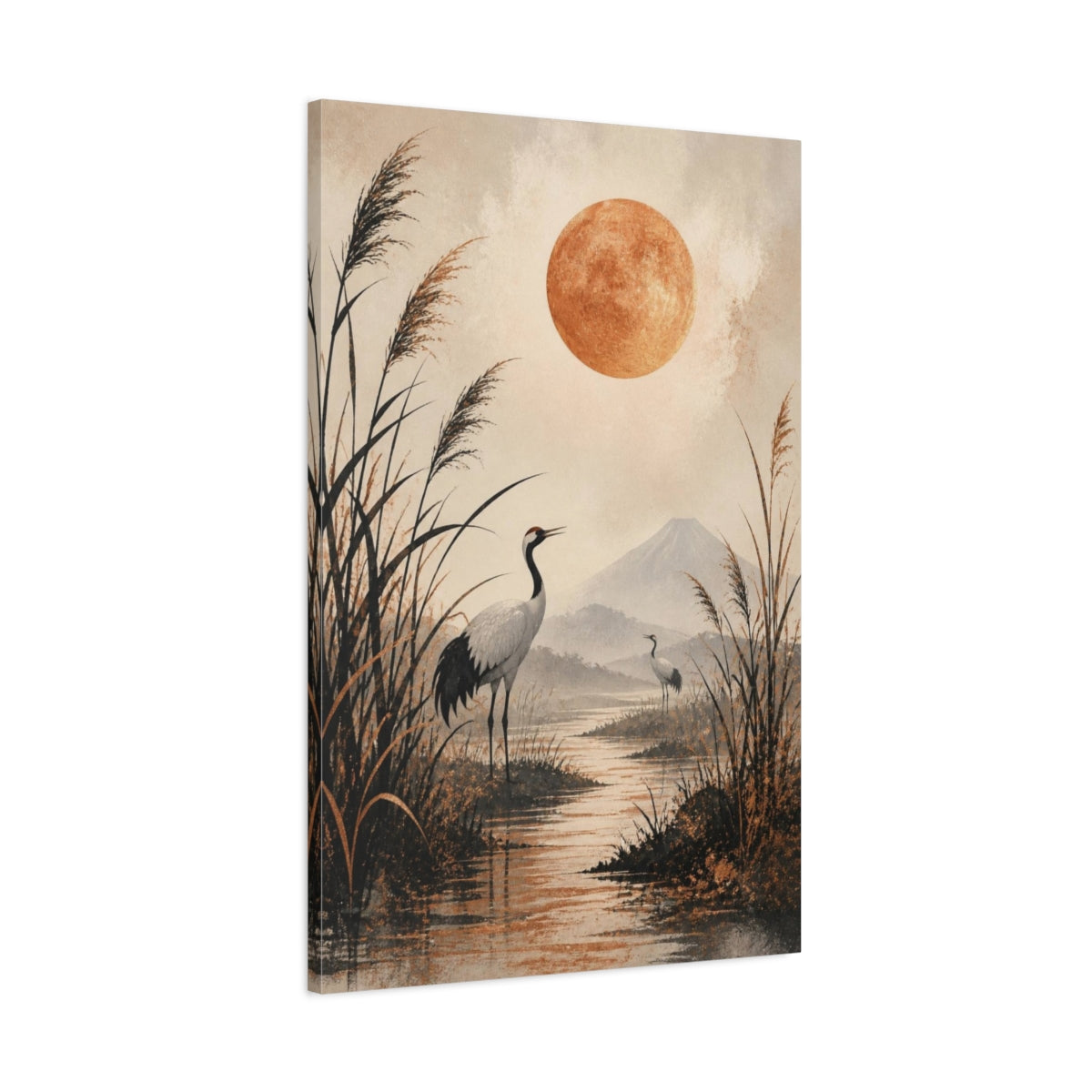 Main Mockup. Japanese Crane Copper Moon shown as canvas print