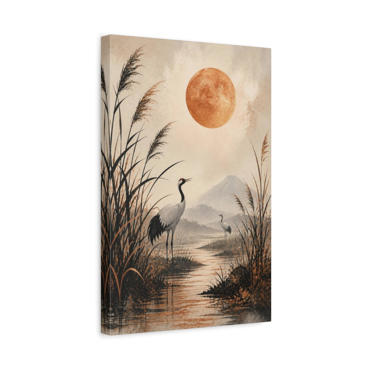 Side Mockup 4. Japanese Crane Copper Moon shown as canvas print