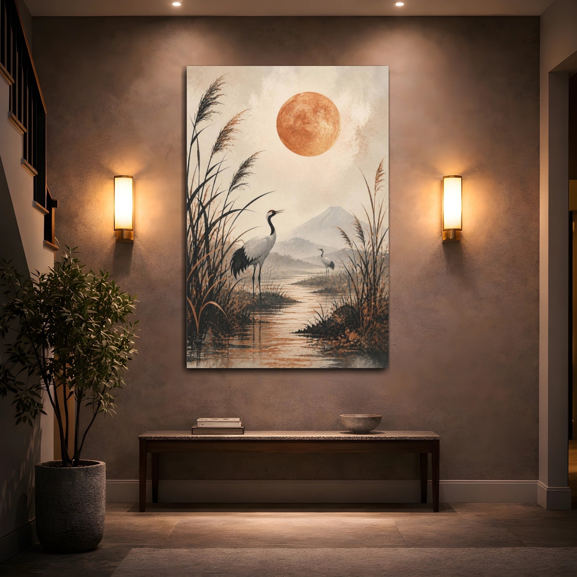 Mockup 2. Japanese Crane Copper Moon shown as canvas print