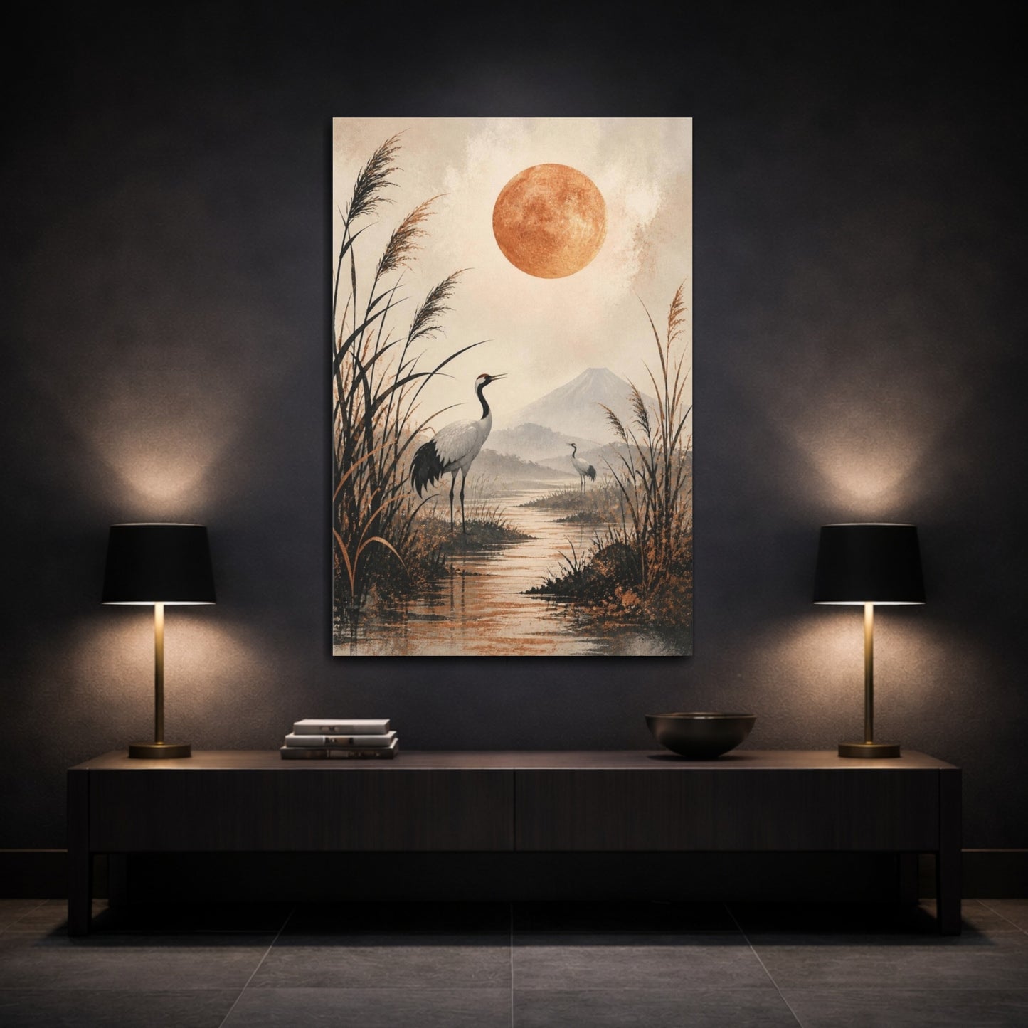 Mockup 3. Japanese Crane Copper Moon shown as canvas print