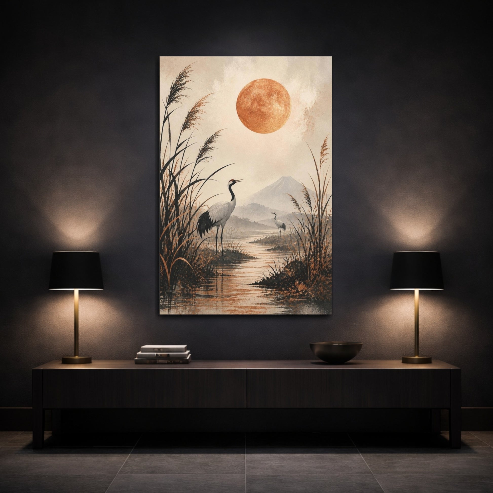 Mockup 3. Japanese Crane Copper Moon shown as canvas print