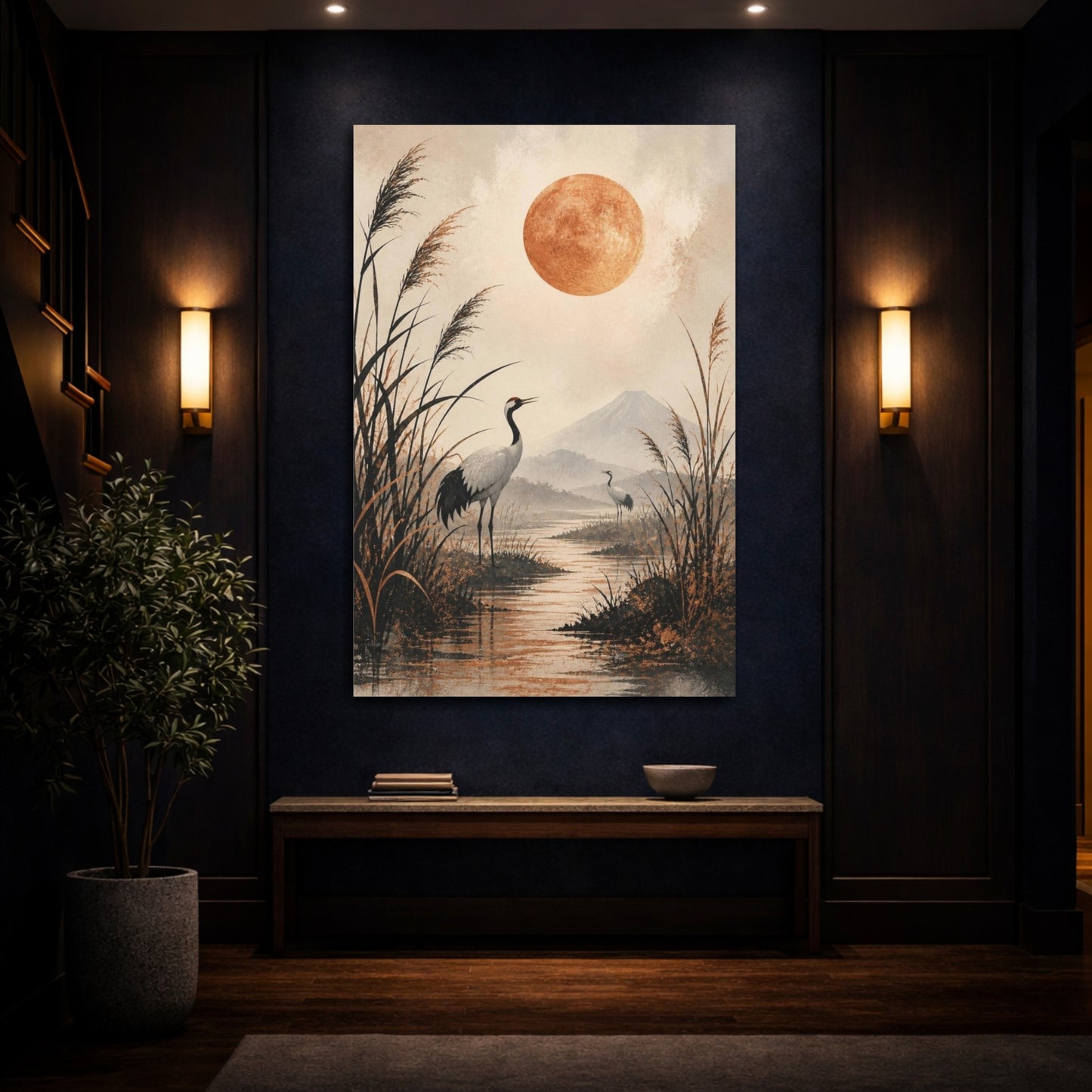 Mockup 4. Japanese Crane Copper Moon shown as canvas print