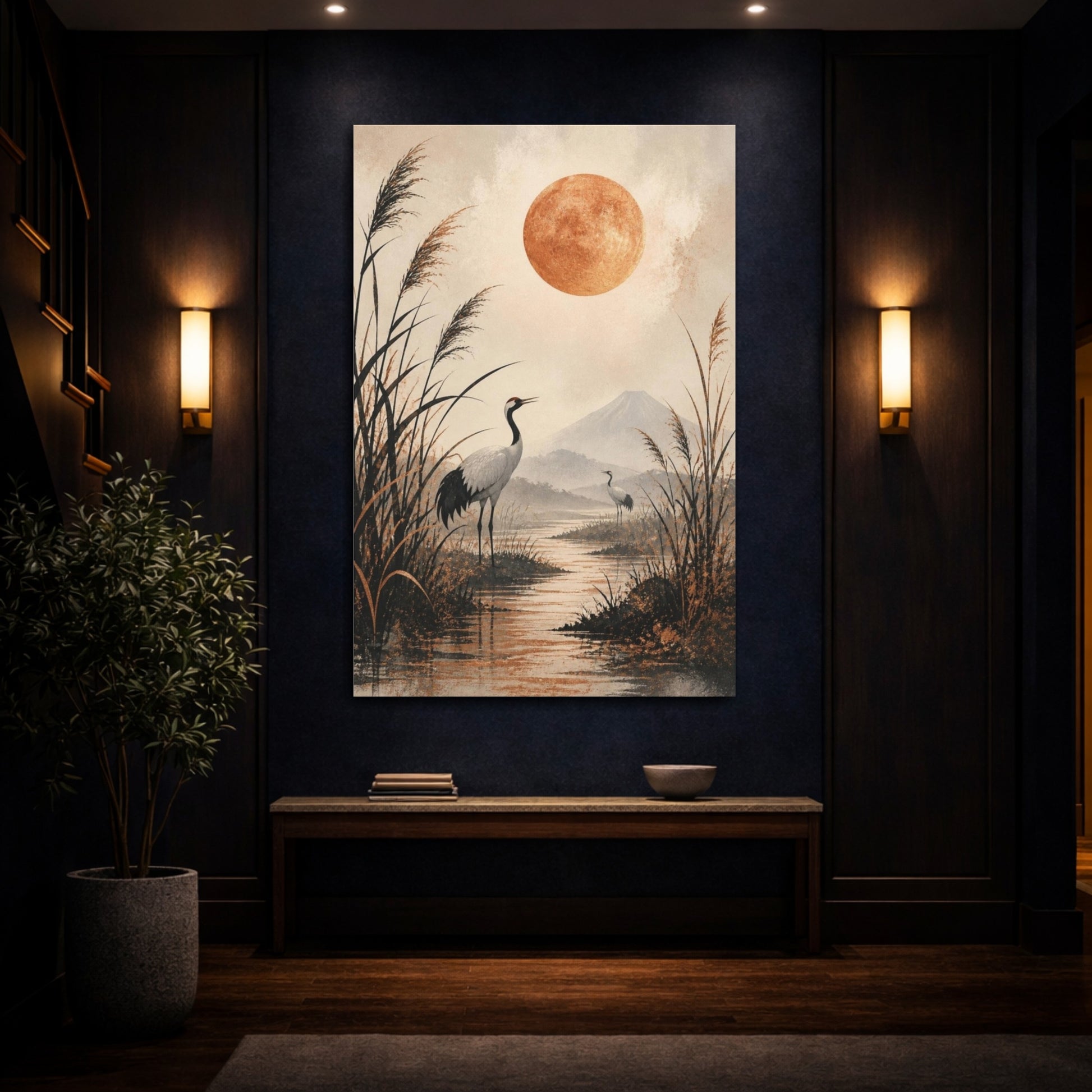 Mockup 4. Japanese Crane Copper Moon shown as canvas print
