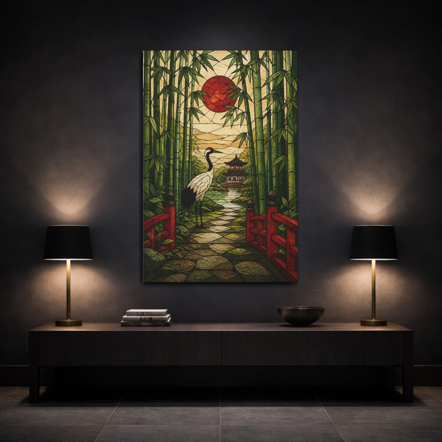Mockup 3. Japanese Crane In Bamboo shown as canvas print
