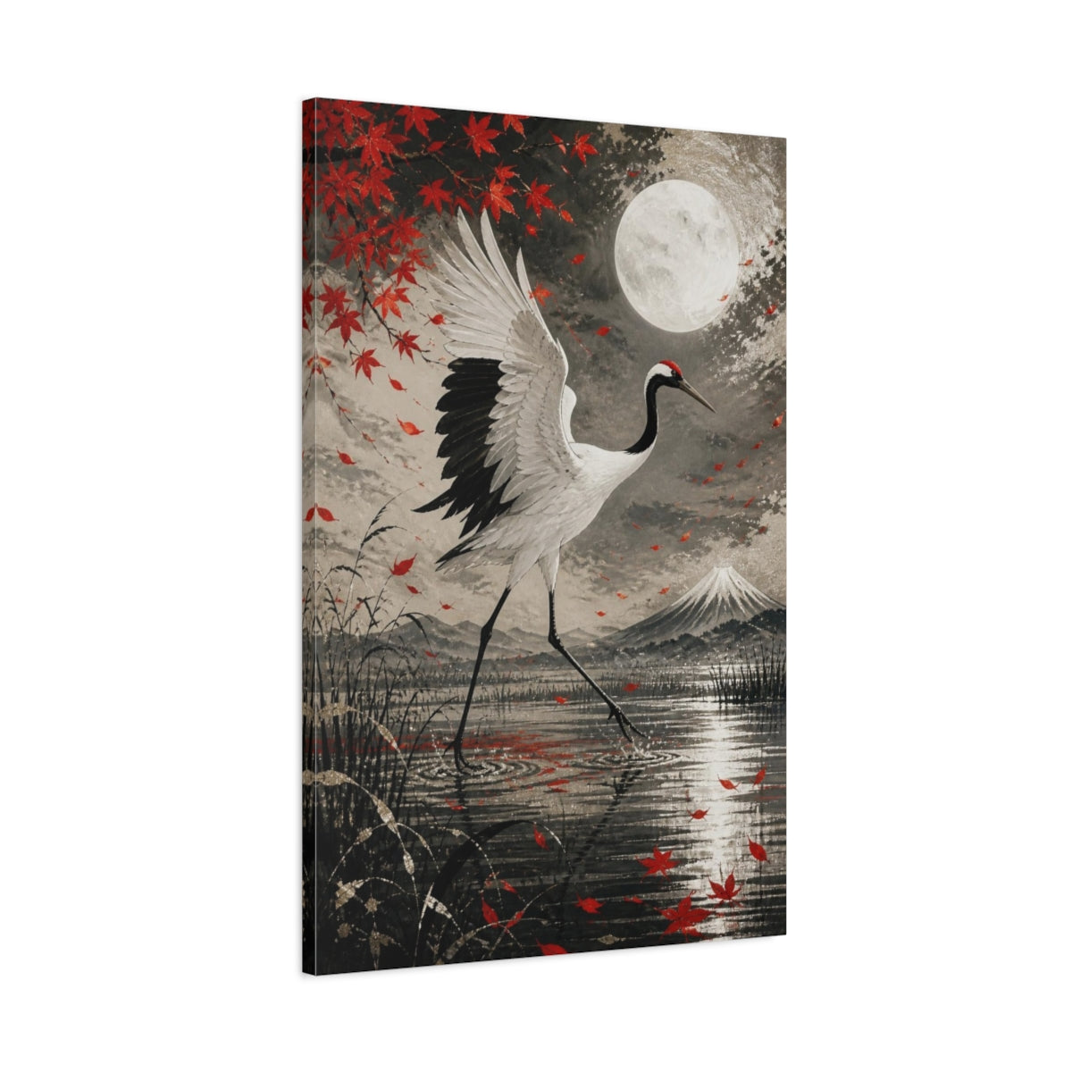 Main Mockup. Japanese Crane In Moonlight shown as canvas print