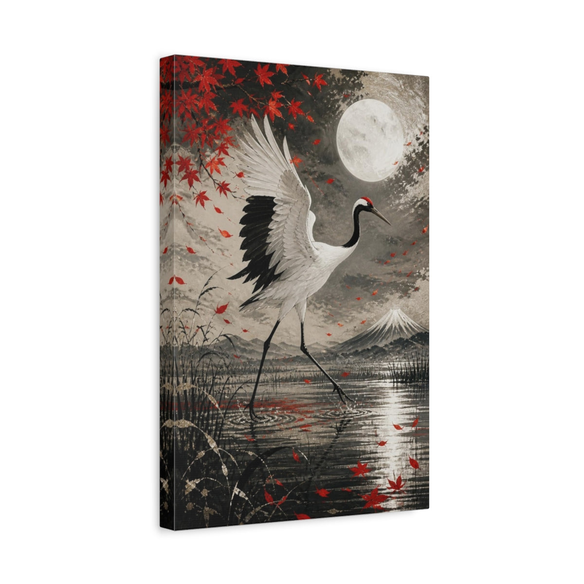 Side Mockup 4. Japanese Crane In Moonlight shown as canvas print