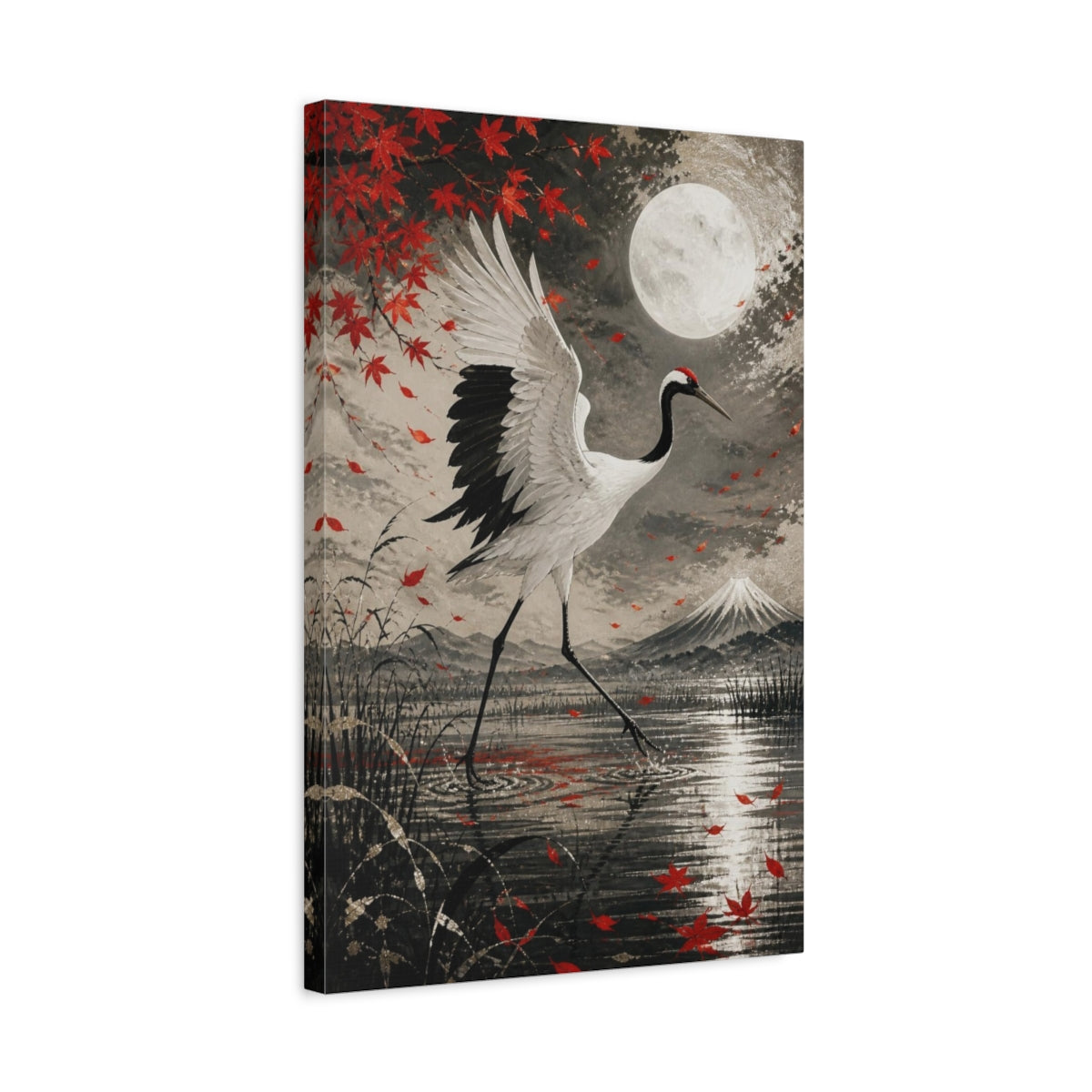 Side Mockup 3. Japanese Crane In Moonlight shown as canvas print
