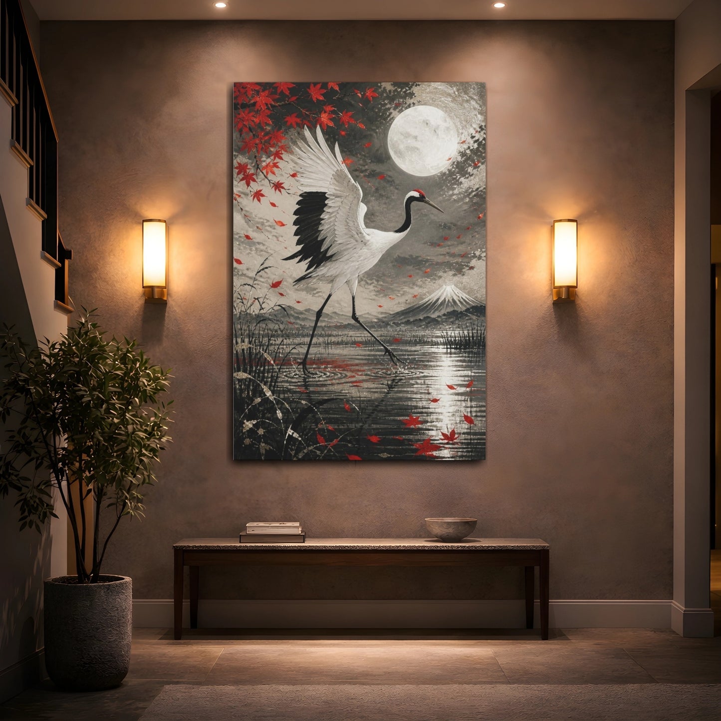 Mockup 2. Japanese Crane In Moonlight shown as canvas print