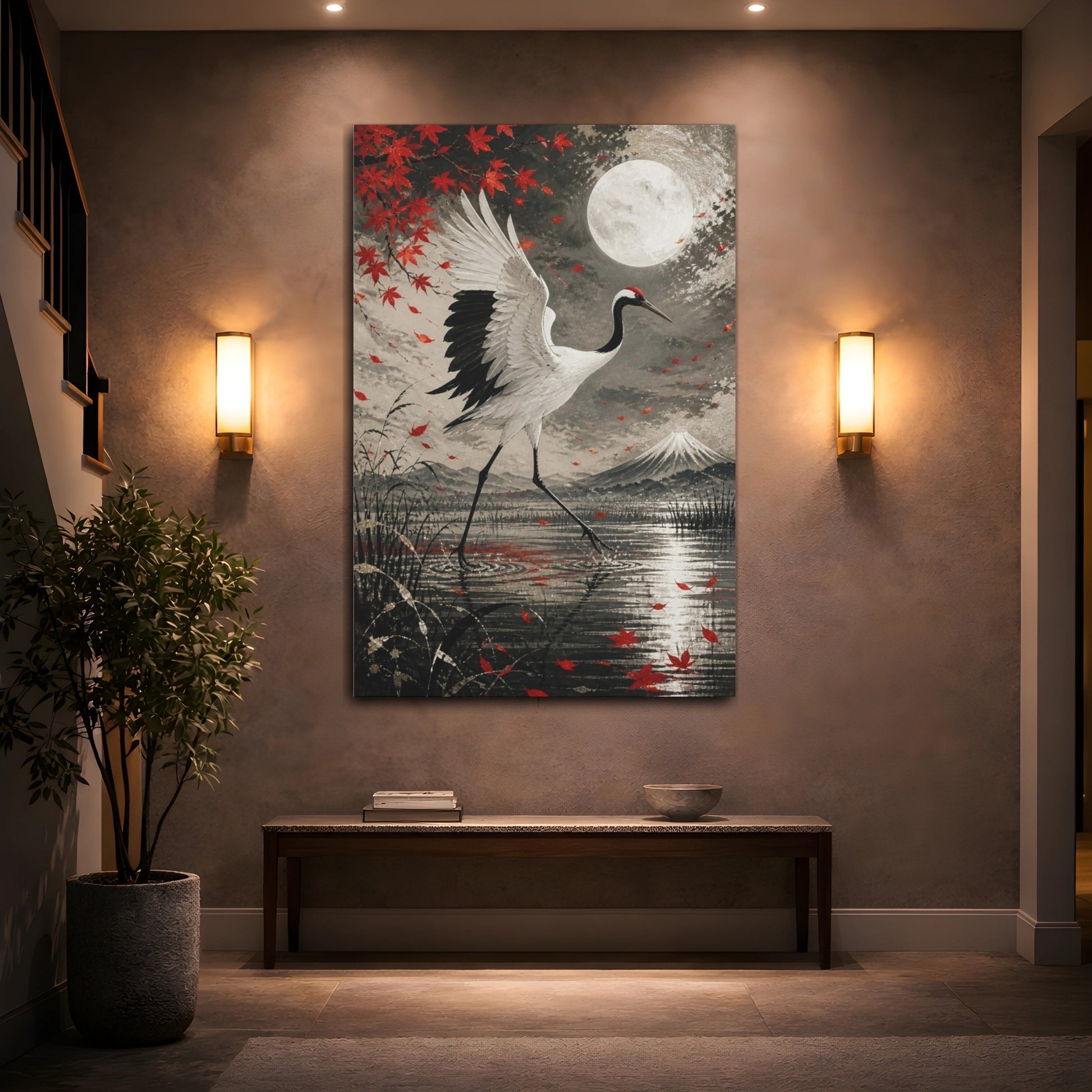 Mockup 2. Japanese Crane In Moonlight shown as canvas print