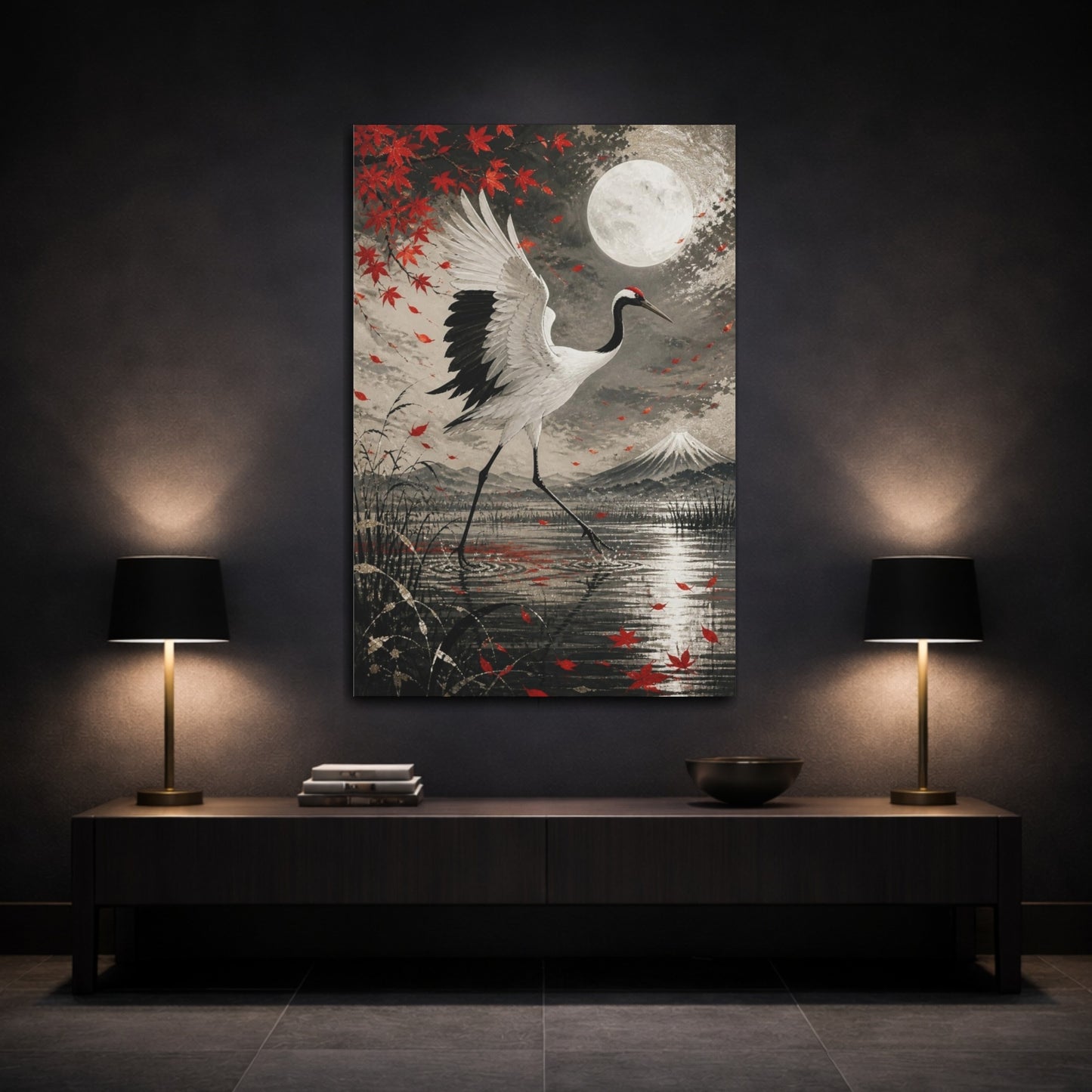 Mockup 3. Japanese Crane In Moonlight shown as canvas print