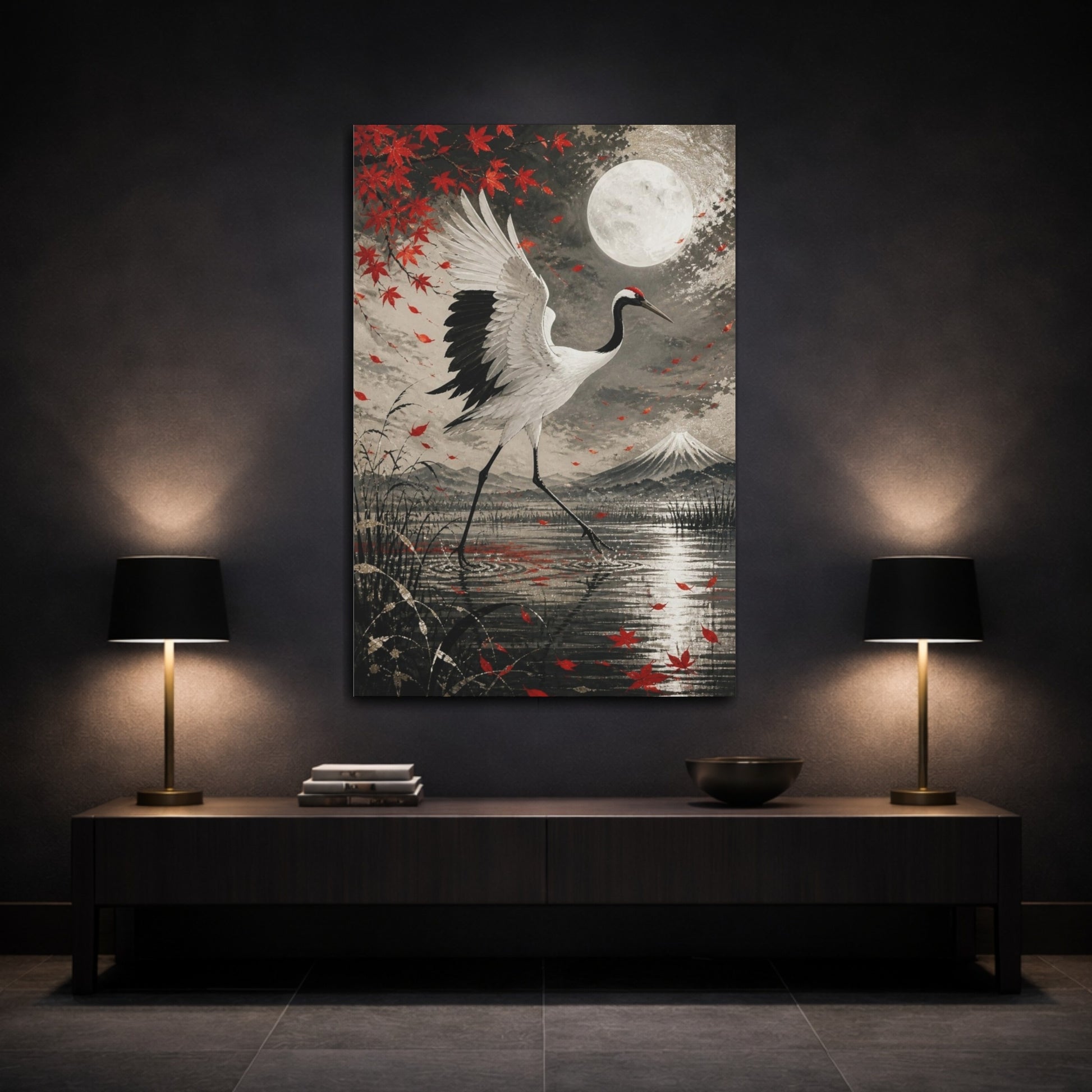 Mockup 3. Japanese Crane In Moonlight shown as canvas print