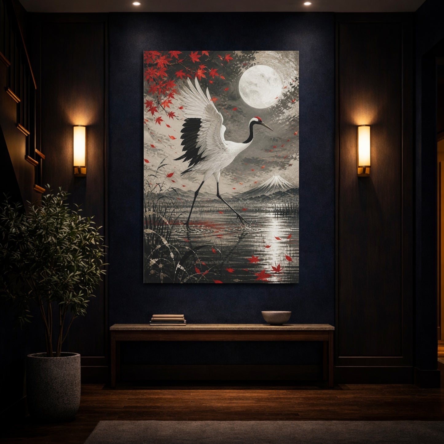 Mockup 4. Japanese Crane In Moonlight shown as canvas print
