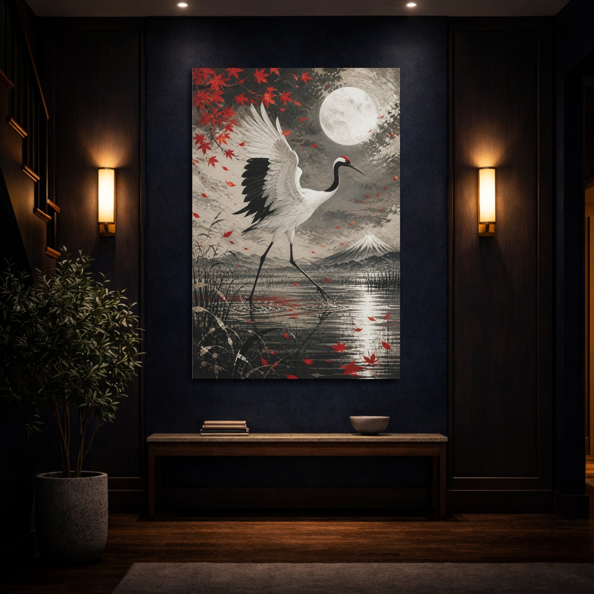 Mockup 4. Japanese Crane In Moonlight shown as canvas print