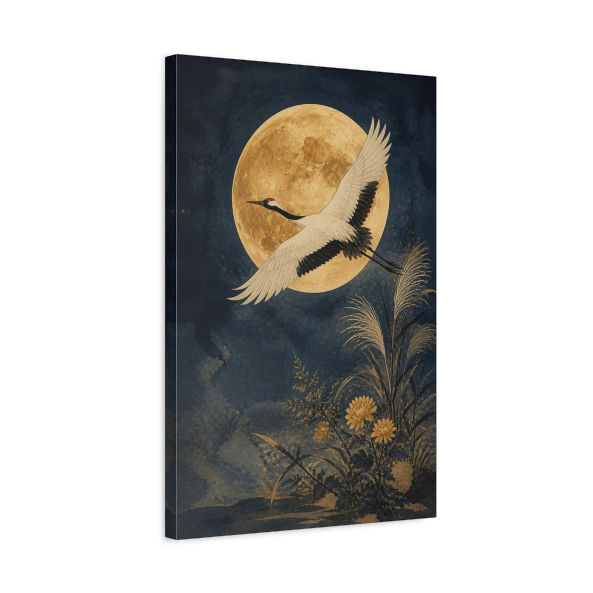 Side Mockup 3. Japanese Crane Moon shown as canvas print