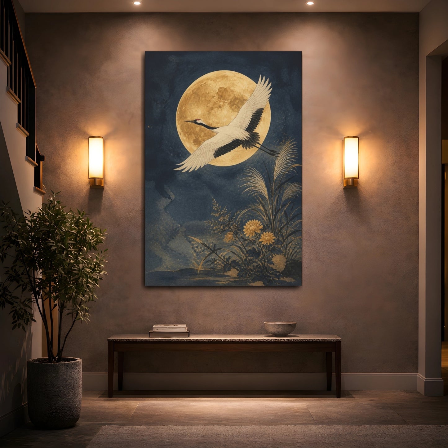 Mockup 2. Japanese Crane Moon shown as canvas print