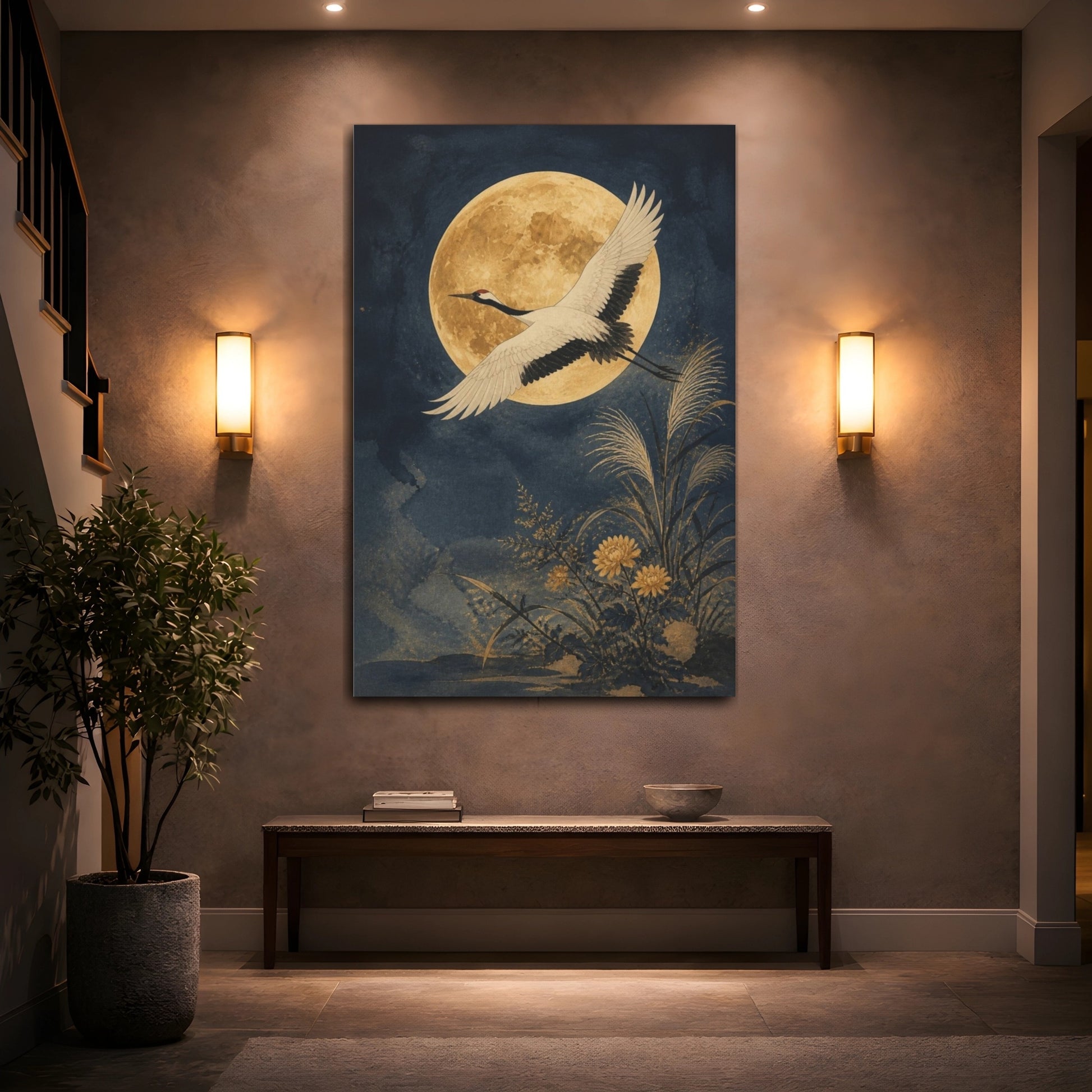 Mockup 2. Japanese Crane Moon shown as canvas print