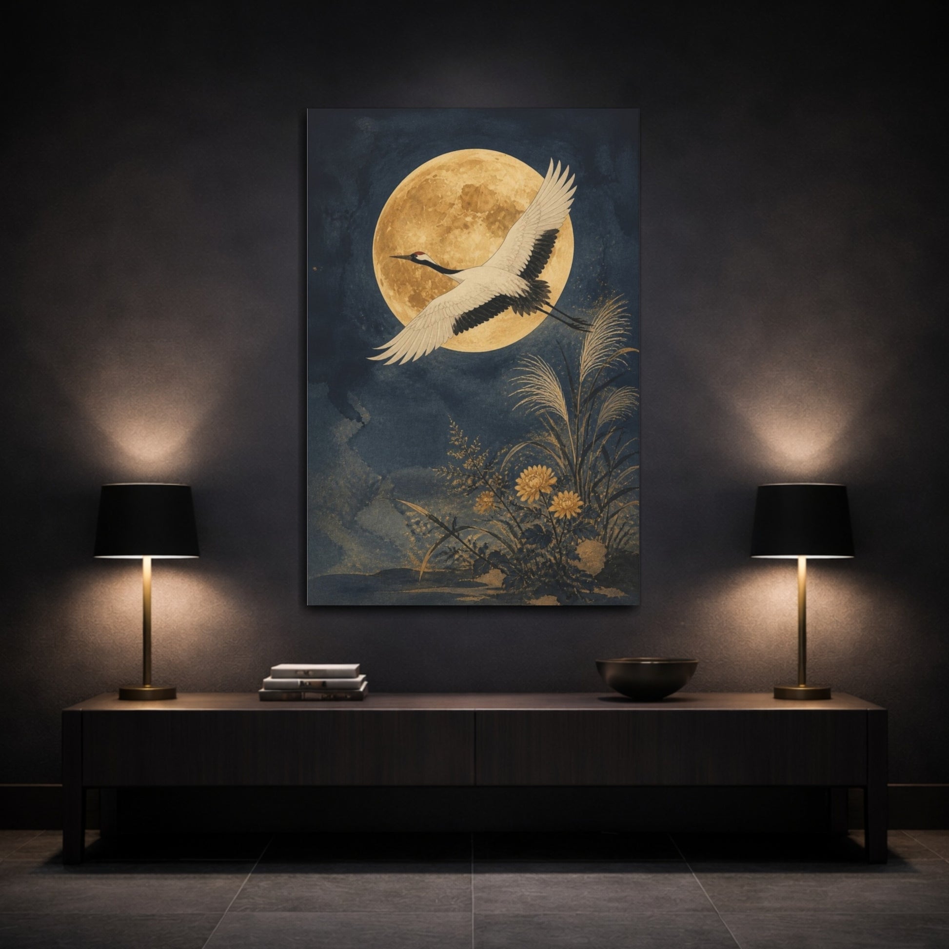 Mockup 3. Japanese Crane Moon shown as canvas print
