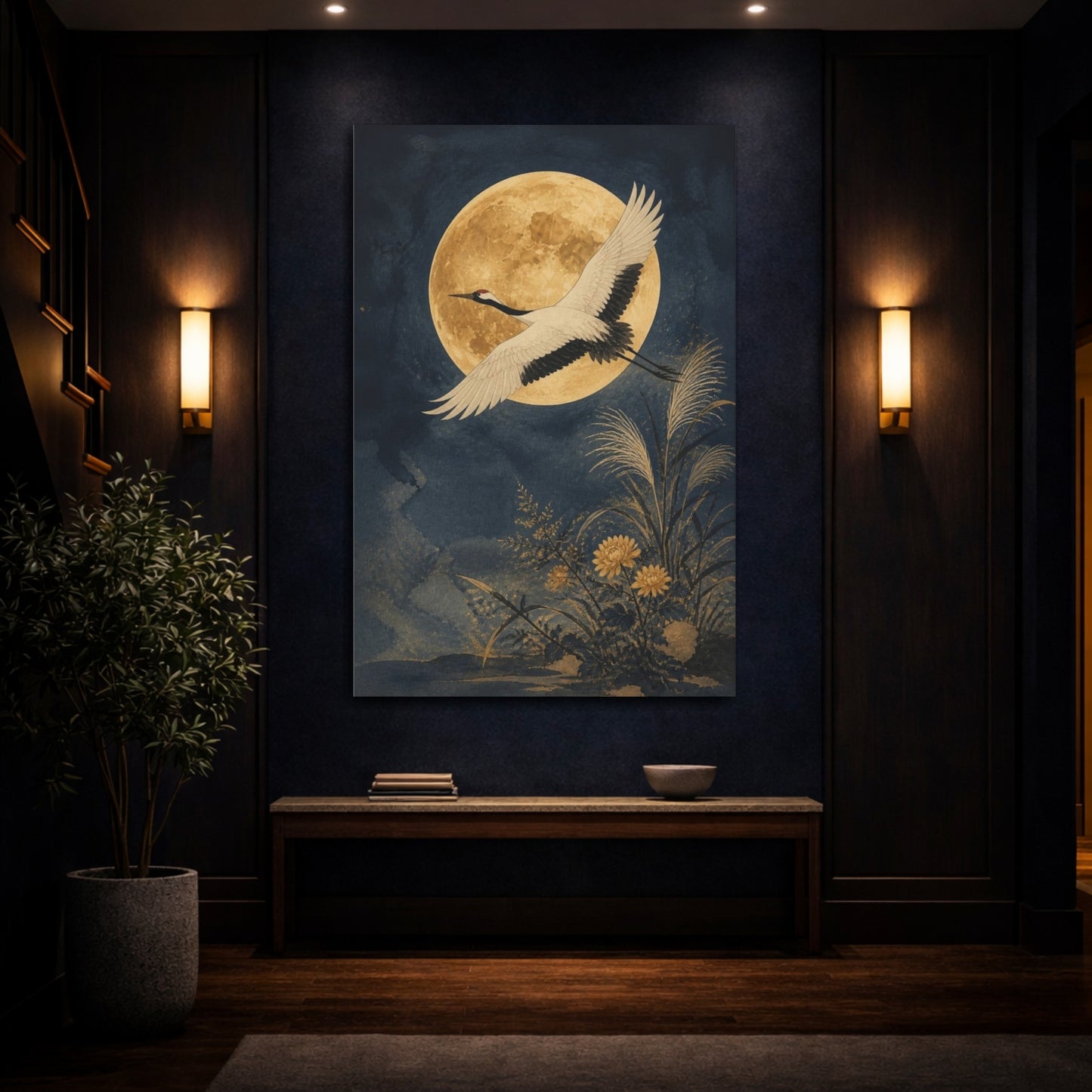 Mockup 4. Japanese Crane Moon shown as canvas print