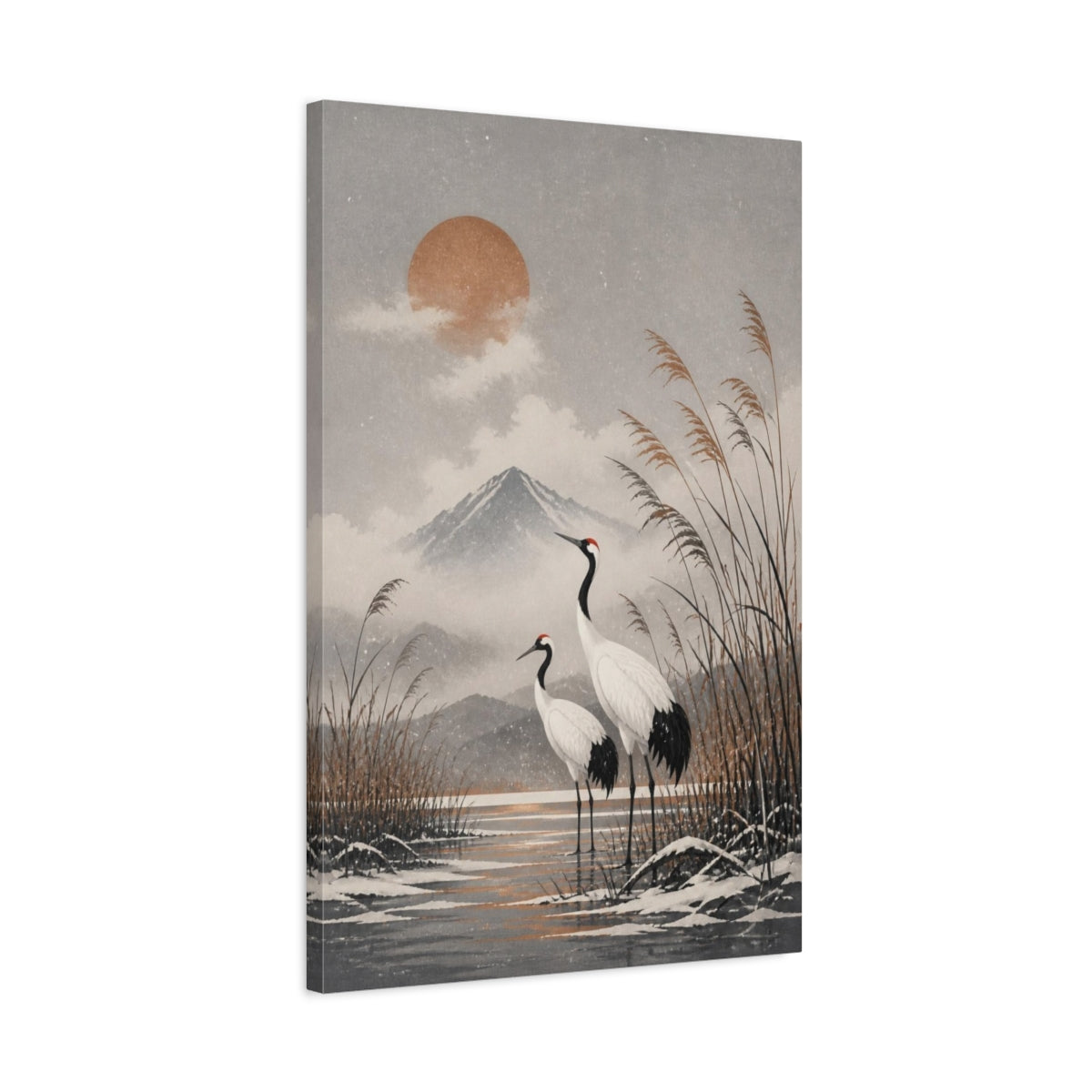Side Mockup 2. Japanese Crane Pair shown as canvas print