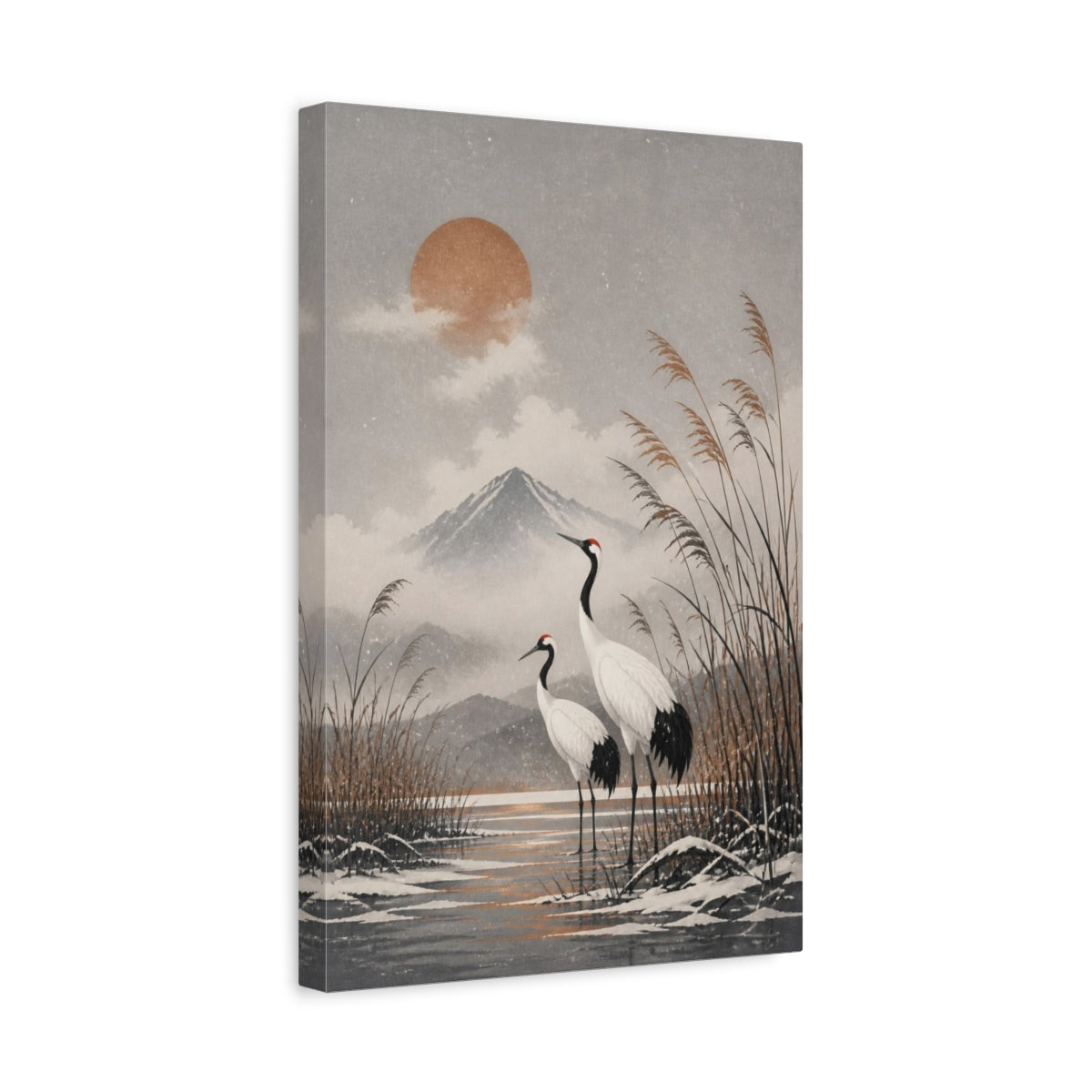 Side Mockup 4. Japanese Crane Pair shown as canvas print