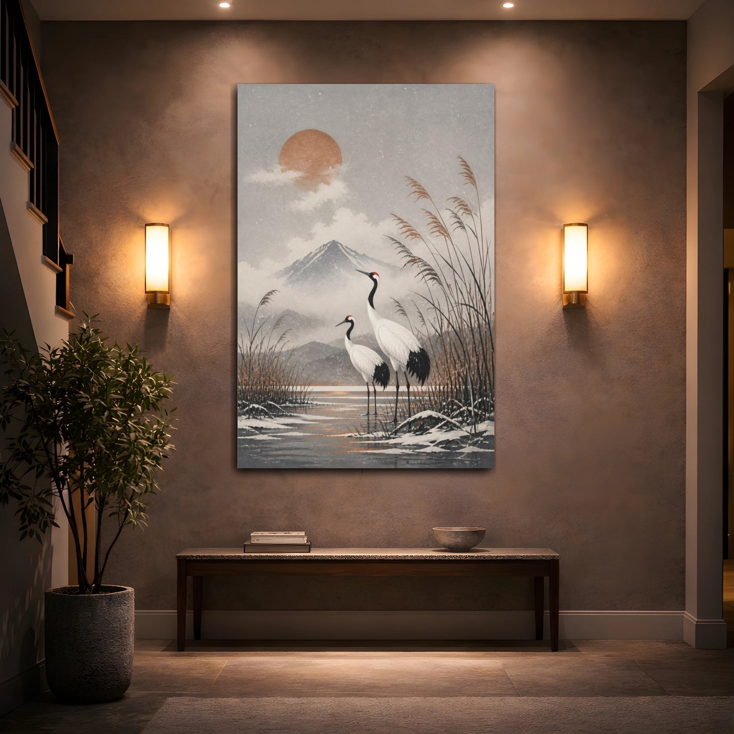 Mockup 2. Japanese Crane Pair shown as canvas print